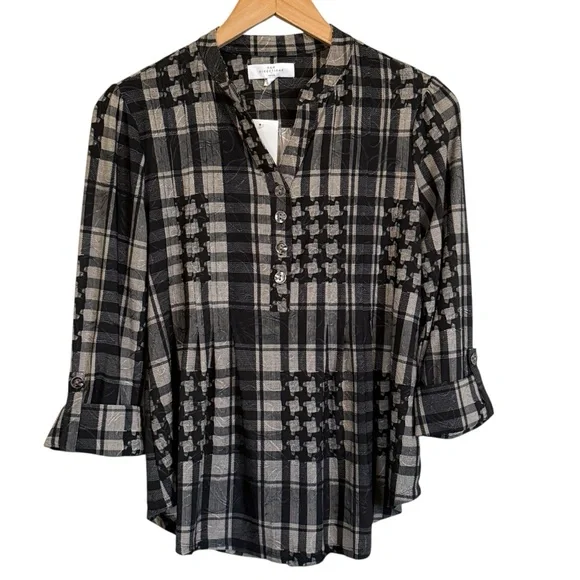 NWT New Directions Plaid Henley Fall Base 3/4 Sleeve Black White Women’s Size SP - Picture 2 of 10
